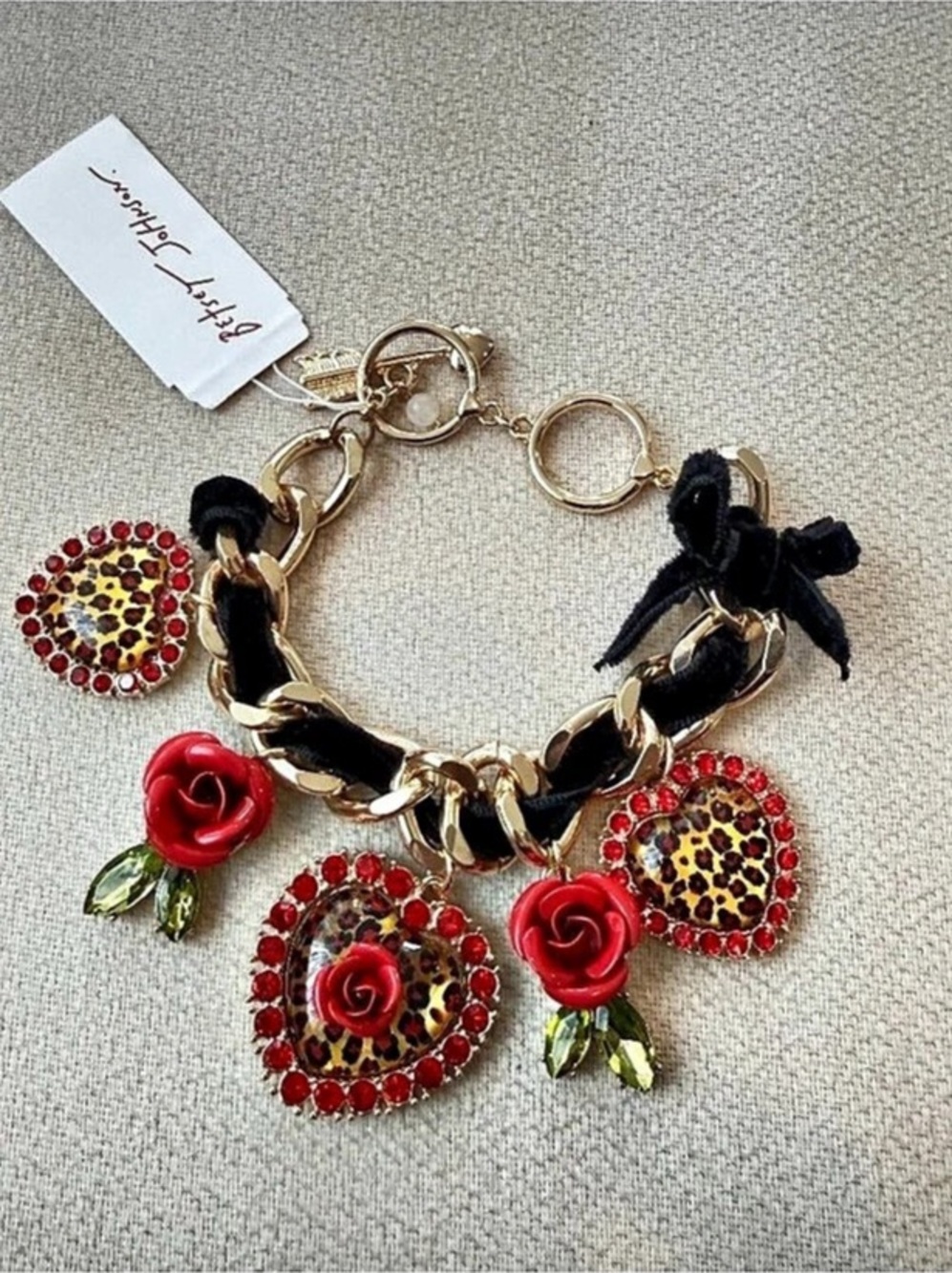 Betsey Johnson Leopard Heart & Rose Charm Bracelet Black & Red